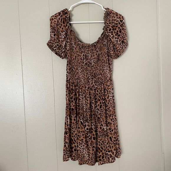 Express Leopard Print Dress Small Smocked Puff Sleeve Fit & Flare Brown Animal P - Picture 1 of 7